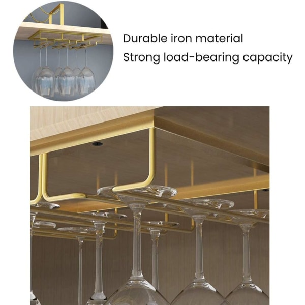 2 kappaletta 5 rivin ripustettava viinilasi pidike metalli viinilasi teline kaapin alle asennus, kulta