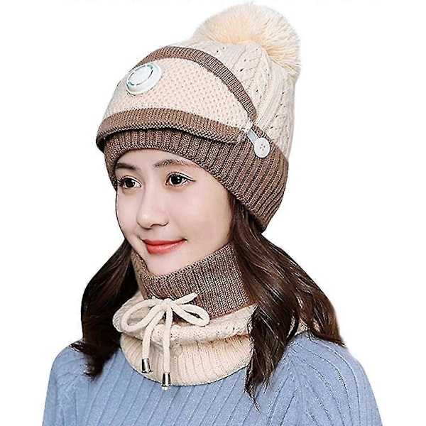 Vinterstrikket Hue Dame Varm Ski Hue Tyk Pompon Fleece Hue Beige