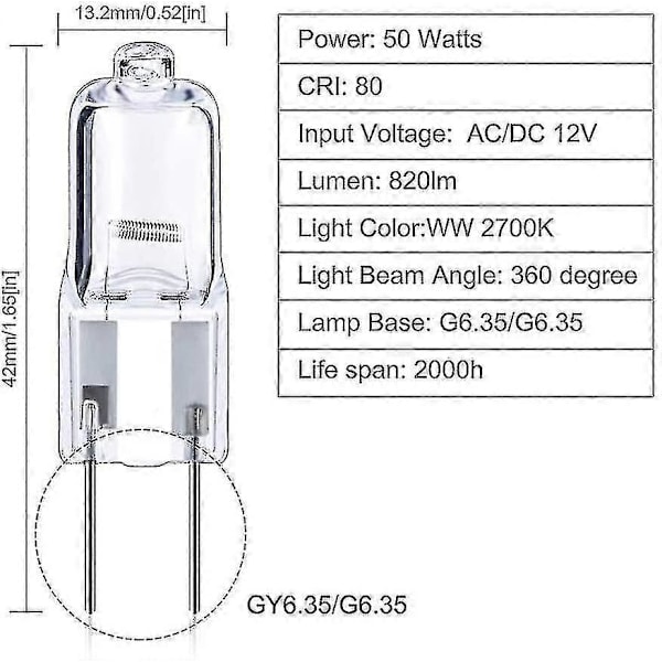 12 stk. 50W Gy6.35 / G6.35 Halogen Dæmpbar, 12V Bi-pin Base T4 G6.35 820lm