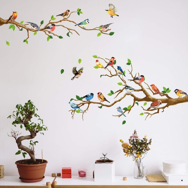 Hummingbird on The Tree Branch Väggdekal, gröna blad och flygande fågel DIY-konst Vinylväggdekor, självhäftande väggdekoration