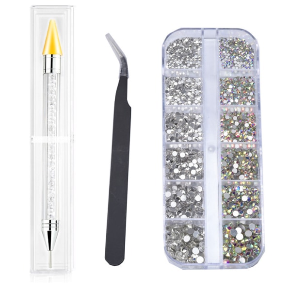 Nail Art Accessories Set-Yellow Wax Point Drill Pen + White Plus AB Drill + Pincett