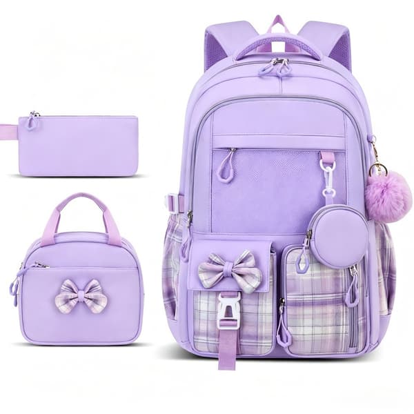Backpack for Primary and Secondary School Students, Simple Three-Piece Set Black Pink