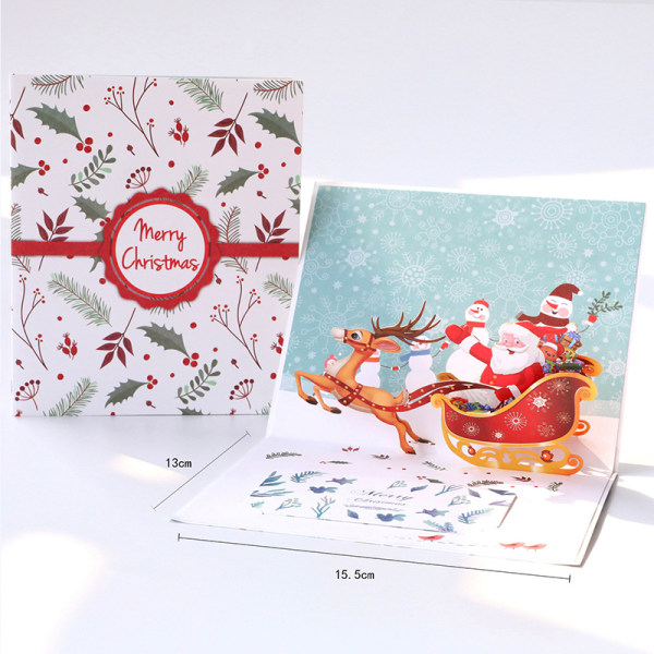 Jul-popup-kort, 3D-handgjorda jultomte- och hjortarvagnshälsningskort, jul-jul-vinter-nyårs-pop-up-hälsningskort-inklusive kuvert och anteckningsetikett