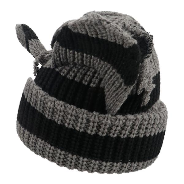 Dame Knitted Beanie Caps Y2K Gothic Katteøre Skull Hat Varmt Vinterhat Sød Djævelhorn Cap Ørebeskytter grå+svart L（58-60cm）