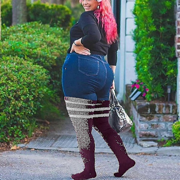 Plus Size Dame Lårstrømper til Tykke Lår - Ekstra Lange Stribede Tykke Over Druva lila vit