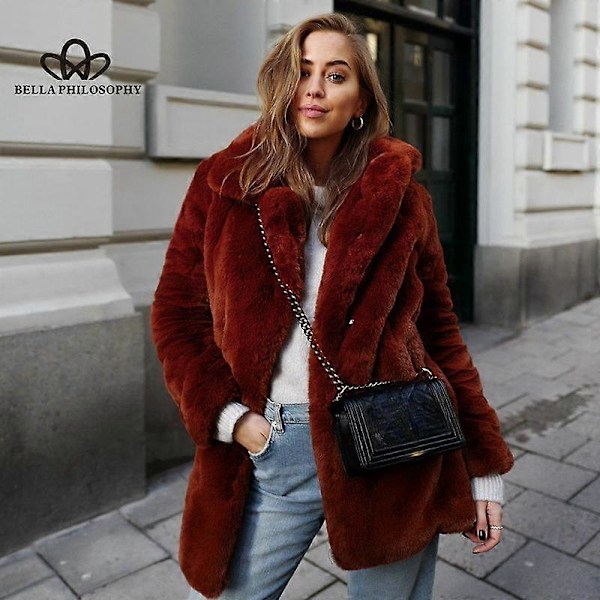 Lang Moderigtig Pels Plys Varm Elegant Afslappet Løs Frakke Vinter Fortykket Revers Fluffy Frakke rose red 2XL
