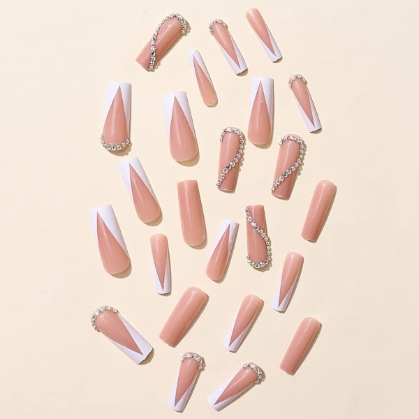 24 stk. Lange Firkantede Løsnegler Fransk Manikyr Trykk på Negler med Rhinestone Design Hvite Tupper Glansfulle Nude Falske Negler Full Dekning Lim på Negler