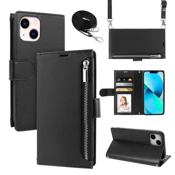 Etui til iPhone 15 sort lang snor skuldertaske lynlås pung læder