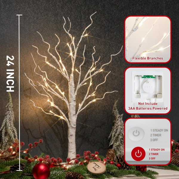 Upplyst träd, påskdekorationer inomhus, vit björk med LED-lampor Batteridriven timer, påskträd vårdekor (2FT, varmvit)