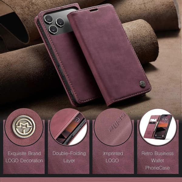 CASEME 013 Series PU Leather Wallet Case with Stand for iPhone 17 Pro Max (Red, Red)
