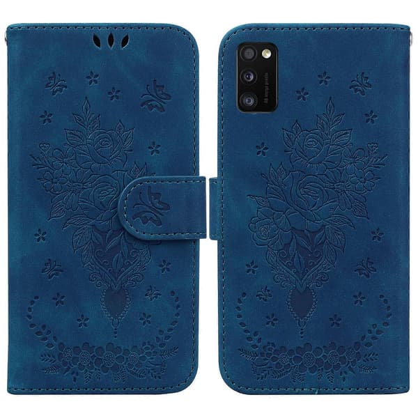 Etui til Samsung Galaxy A41 med sommerfuglrose-præget læder Blue