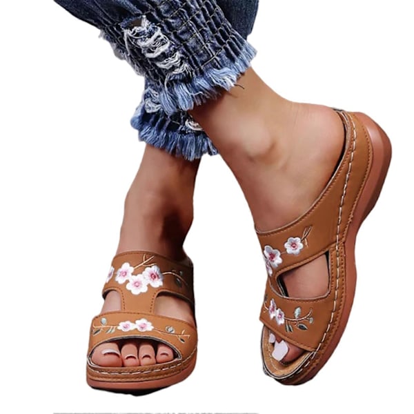 Läderblommor Broderade Vintage Casual Mjuka Fotbäddar Ortopediska Stöd Sandaler Brown 37