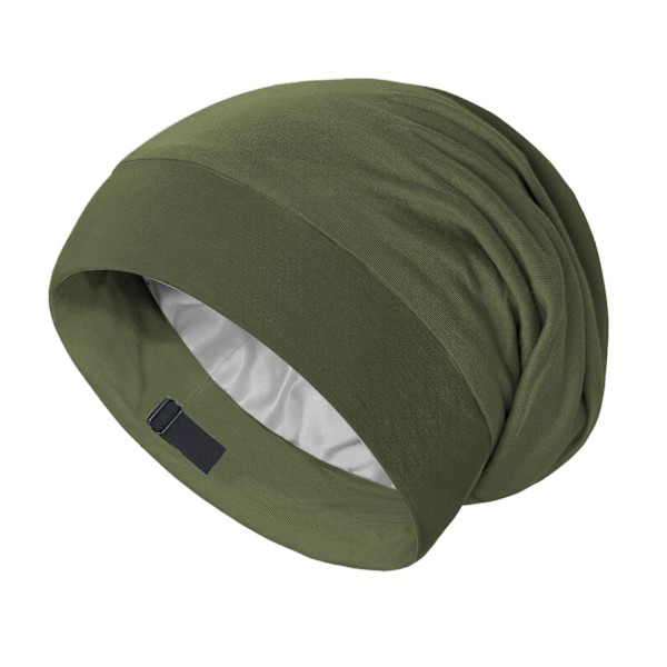 Sidenhatt, sovhatt, mjuk hårscarf, skyddande hatt, satinfordrad hatt, justerbar turban, mössa, sjuksköterskehatt, hatt för mediumlockigt och krusigt hår Military green