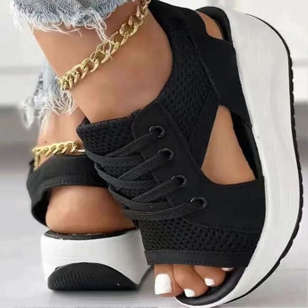 Kvinnors Snörda Muffinsandaler Kontrastpaneler Utstansade Högklackade Sandaler Flip Flops för Dagligt Bruk Sommarfest Black 37