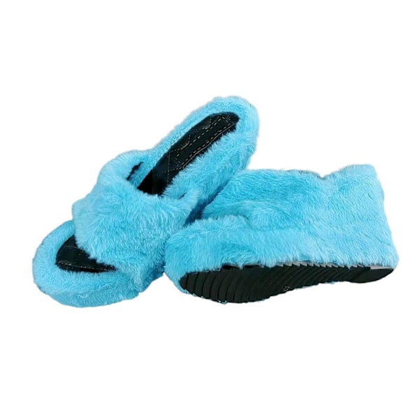 Snygga Damtofflor i Plysch med Hög Klack Öppen Tå Casual Utomhus Sandaler Höst Vinter Sky Blue 39