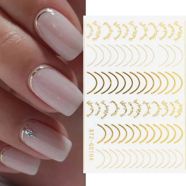 Lines Nail Stickers Rose Gold Metal Nail Art Decals 8 Sheets Self-Adhesive Nail Decals Curve Nail Art Sliders for Women Manicure DIY Decorations