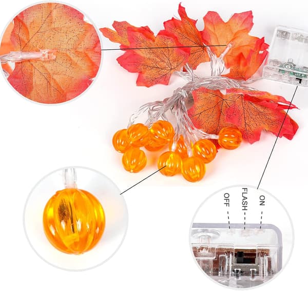 Maple Leaf Pumpkin String Lights for Thanksgiving, Maple Leaf String Lights, Autumn and Halloween Decorations 3m 20 LED Battery Operated Garland