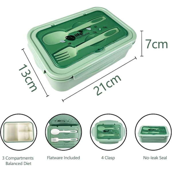 Lunchbox med 3 fack, sked och gaffel, 1400 ml, BPA-fri lunchbox, läcksäker, mikrovågsugn- och diskmaskinsäker grön