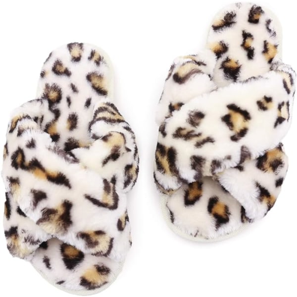 Damhus Fuzzy Tofflor Leopard Mjuk Plysch Fluffig Fleece Slip on Tofflor Öppen tå Hus Varma sovrumsskor Slides Lämplig för fotlängd 23 cm