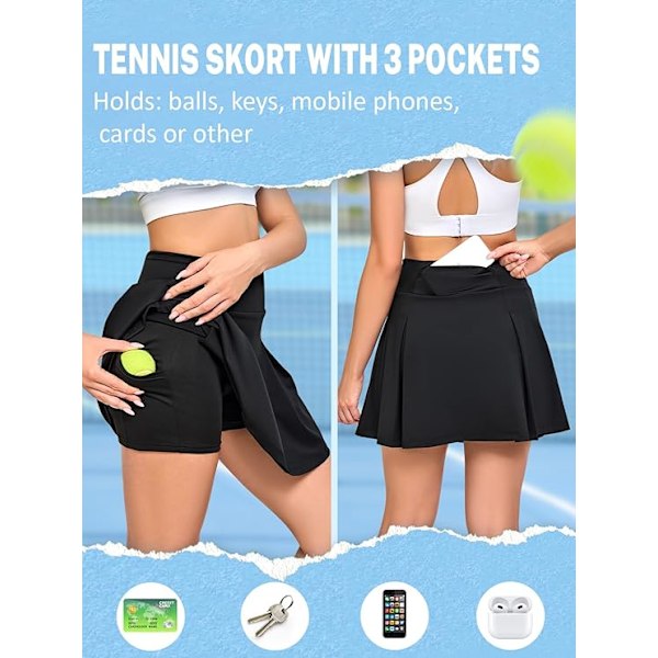 Tennisnederdel til kvinder med shorts, lommer, golfshorts, elastisk talje, træningsnederdele til kvinder, atletiske nederdele til sport, træning, løb Black XL