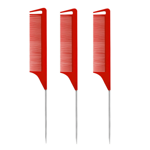 Rat Tail Combs Parting Comb: 3Pcs Rat Tail Comb Set, Long Steel Pin Rat Tail Teasing Comb, Hair Combs-Red