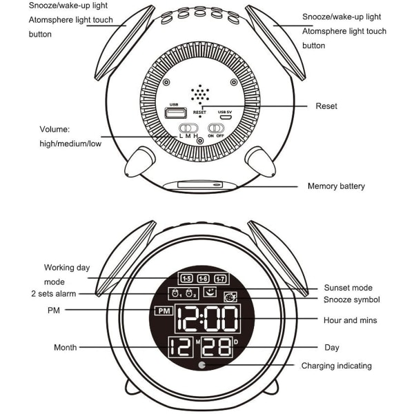 Auringonnousuherätyskello auringonlaskutilassa, 25 musiikkikappaletta ja torkkutoiminto, muistin lataustoiminto makuuhuoneisiin, raskas uninen aikuiset ja lapset
