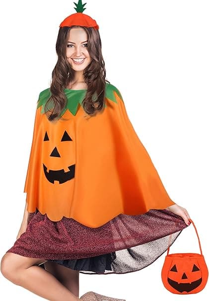Halloween Græskar Kostume Sæt til Voksne - Græskar Poncho med Tilbehør