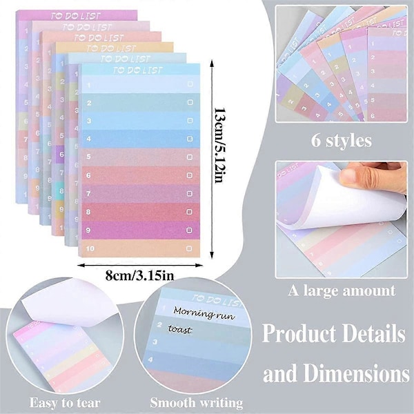 12 stk. To Do List Sticky Notes, 13x8 cm, 600 ark, Assorterede farver, Linjeret, Planlægger, Daglig note