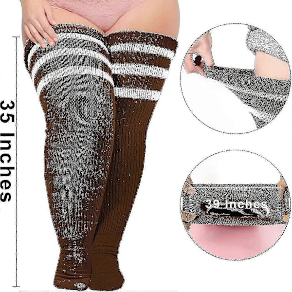 Plus Size Dame Lårstrømper til Tykke Lår - Ekstra Lange Stribede Tykke Over Lätt kaffe vit