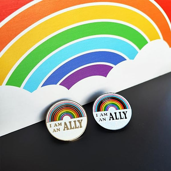 Olen liittolainen -emalipinni sateenkaariliittolainen -pinni rintaneula LGBT-metallirintakoru hauskat merkit LGBTQ kova glitteri -pinni kevyt