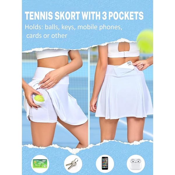 Naisten tennishame shortseilla, taskuilla, golfshortsit, joustava vyötärö, treenihameet naisille, urheiluhameet urheiluun, treeniin, juoksuun White L