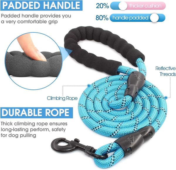 2/4/5/6 FT Dog Leash with Comfortable Padded Handle and Strong Reflective Threads for Small, Medium, and Large Dogs (5FT-1/3', Blue) Blue