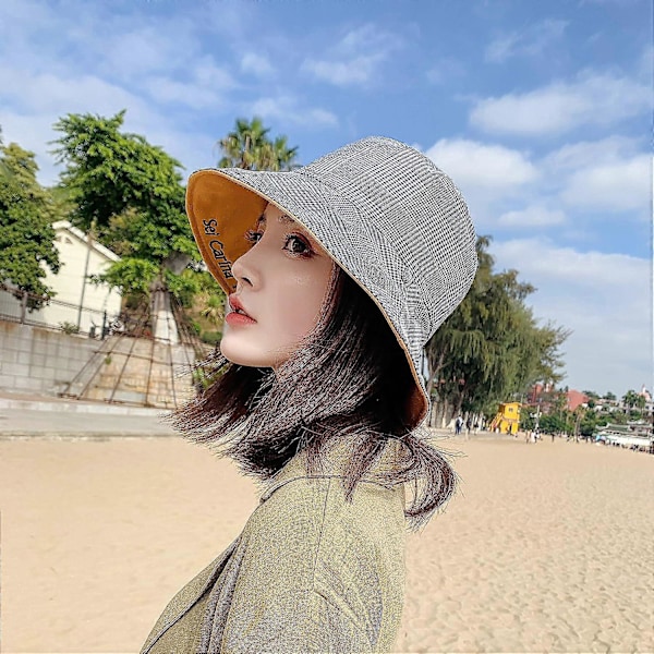 Fiskarhatt Dame Bomull Solhatt Reversibel Bøttehatt Strand Solhattgul yellow