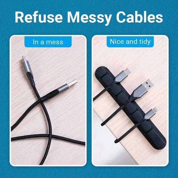 Skrivebordskabelorganisering Silikone USB-kabelopruller sort black 3 clips