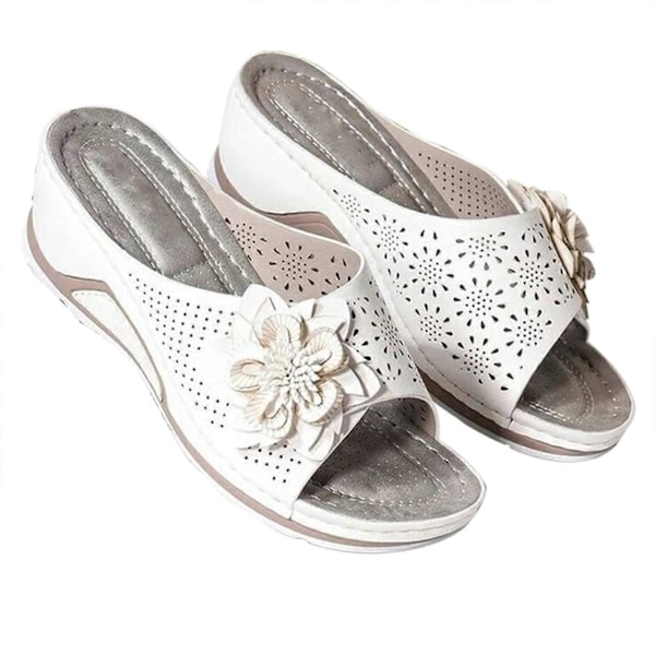 Plus Size Sandaler för Kvinnor, Vävda Blommiga Kila-tofflor för Inomhus och Utomhus White 40