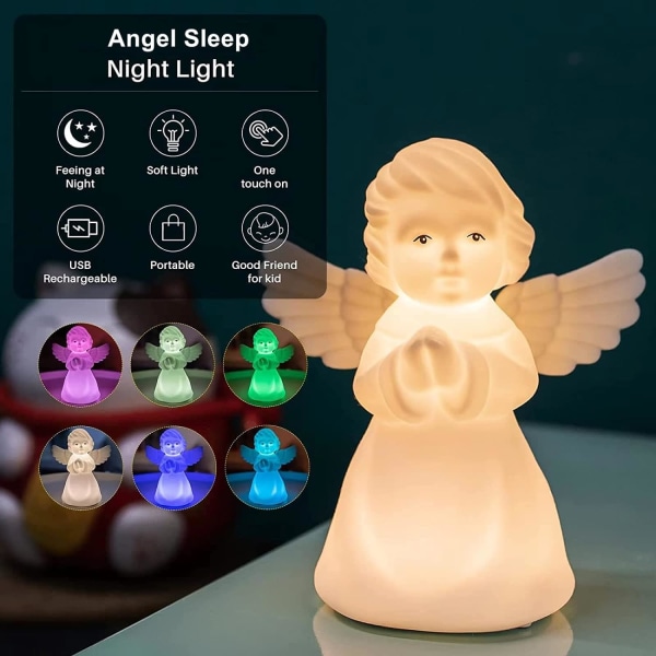 Söt ängel nattlampa, 7 färger skiftande Super Squishy silikon USB Uppladdningsbar Touch Control Sömnhjälp Fleranvändning Söt lampa, Födelsedagspåskpresent