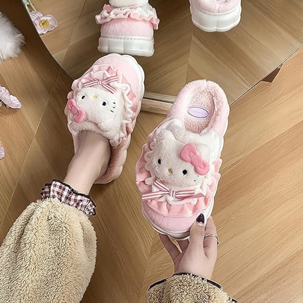 Kawaii Tøfler Søde Pels Slides - Tegneserie Kvinders Fire Sæsoner Hjem Bomuld Tøfler Hus Hjem Sko Til Kvinder Pink KT Kat Sko Indre Længde 24cm