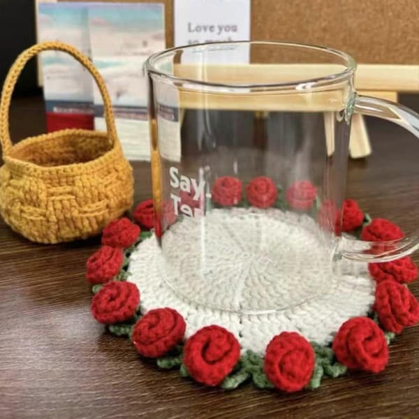 DIY Hæklekit Rosenbuket Hæklede Brikker Startkit Blomsterbrik Hæklekit til Håndarbejde Rød rose Red rose