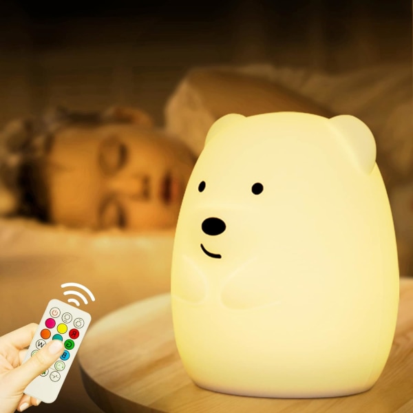 Söta nattlampor för sovrum, söt lampa 9 färger Bärbar Soft Touch Nattlampa Batteridriven Baby Nursery LED Kawaii Decor-Bear