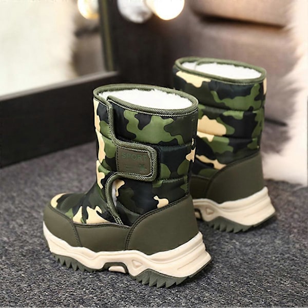 Børnesneestøvler med høj top, kuldesikre, skridsikre og varme sko til udendørs brug om vinteren Camouflage Green 32