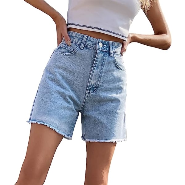 Damshorts med hög midja, raka ben, rå fåll Vintage jeansshorts sommarbyxor med fickor