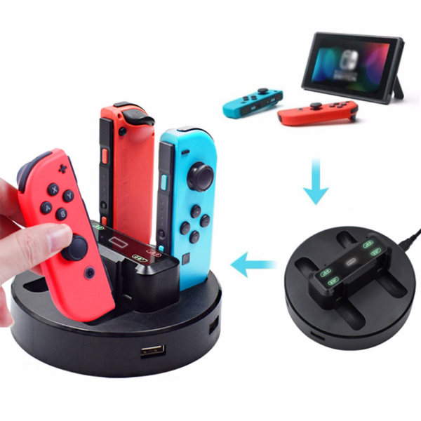 Multi Charger 4 Ladestasjon Dock kompatibel med Nintendo Switch Controller - Svart-svart