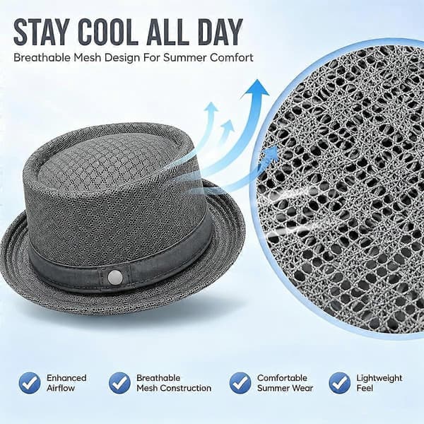 Unisex åndbar mesh Pork Pie-hat, blød og absorberende, let foldbar stråsolhat, til strandrejser udendørs