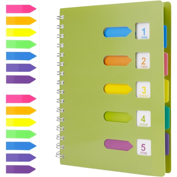 A5-anteckningsbok för ämnesspiral med 2 st indexflikar, trådbunden anteckningsbok med 5 färgade avdelare, A5-anteckningsblock, journal med cover (grön)