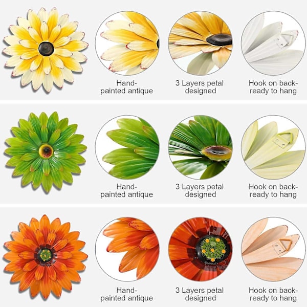 3 stycken metallblommor väggkonst 3D metall prästkrage väggdekoration flera lager hängande blomma (8 tum)