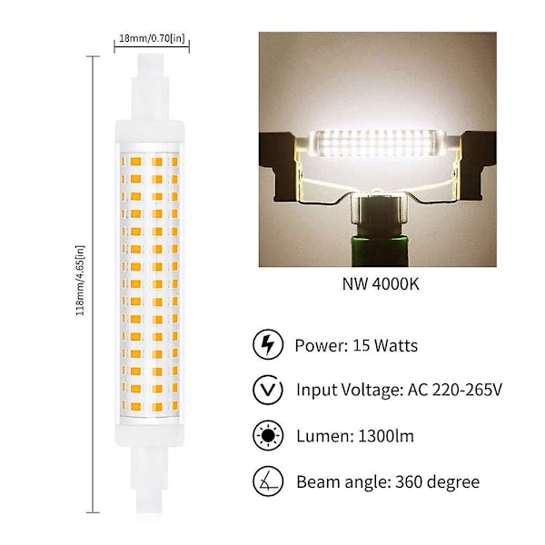 LED-pære, 15W dobbeltendet lineær lampe 220V 130W Naturhvid 4000K (Ikke dæmpbar, pakke med 2)