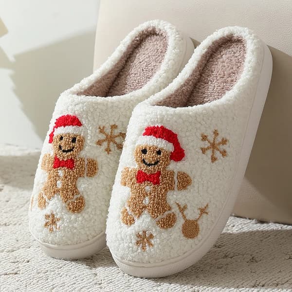 Jul-tofflor för kvinnor söta pepparkaks-vintervarma tofflor par-husskor herr-sovrum platta mjuka inneskor som present A A