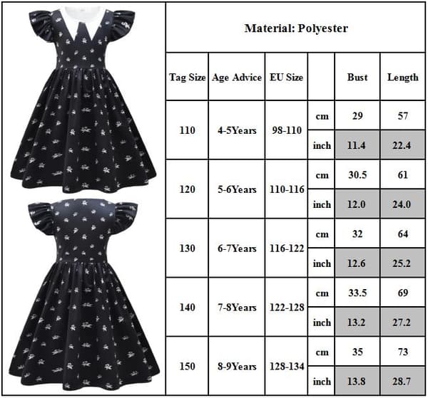 Addams Dress onsdag til piger Halloween rollespilsdragt 140cm