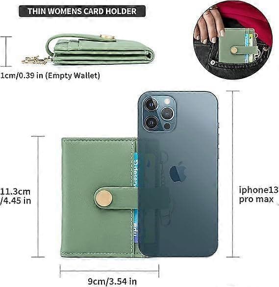 Slank pung til kvinder, RFID-blokerende bi-fold kortholder med lynlåslomme til mønter, ID-vindue & nøglering