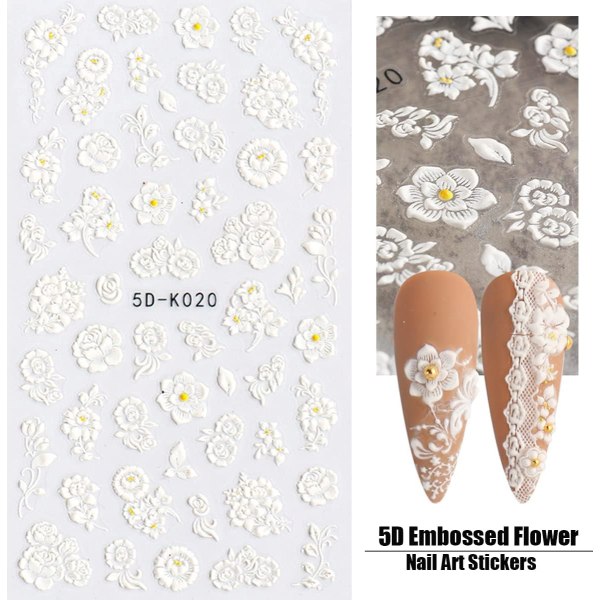 Nail art med präglad 5D-blomma, 6 ark självhäftande nageldekaler, lyxigt ihåligt utsökt mönster för fjärilsspetssnideri